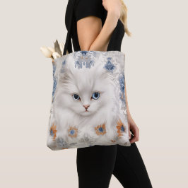 FLUFFY WHITCAT MED BLÅ OCH ORANGE FLÖDEN TYGKASSE