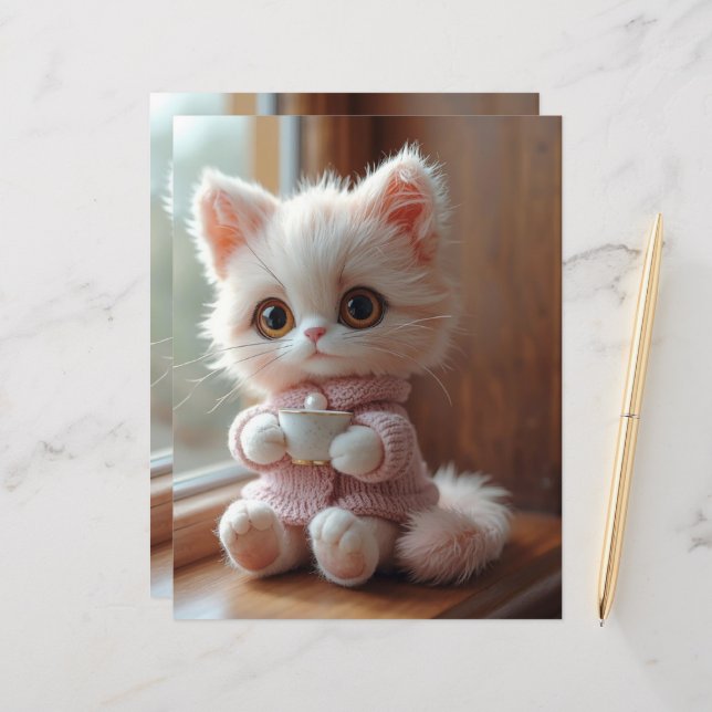 Fluffy White and Light Pink Cat Scrapbook Paper (Fram/Back In Situ)
