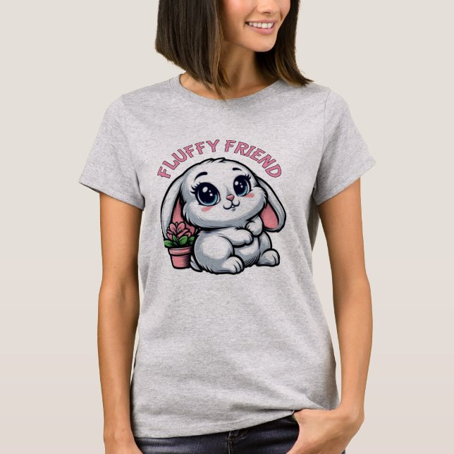 Fluffy White Bunny med Plant Pot T Shirt (Framsida)