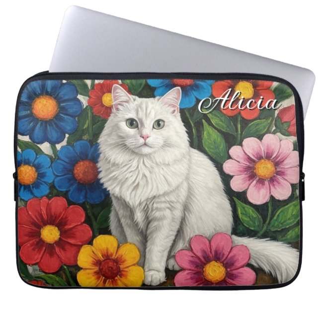 Fluffy White Cat and Folk Art Flowers Laptop Fodral (Framsidan)