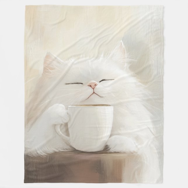 Fluffy White Cat Drinking Coffee - Mysigt Whimsica Fleecefilt (Framsidan)