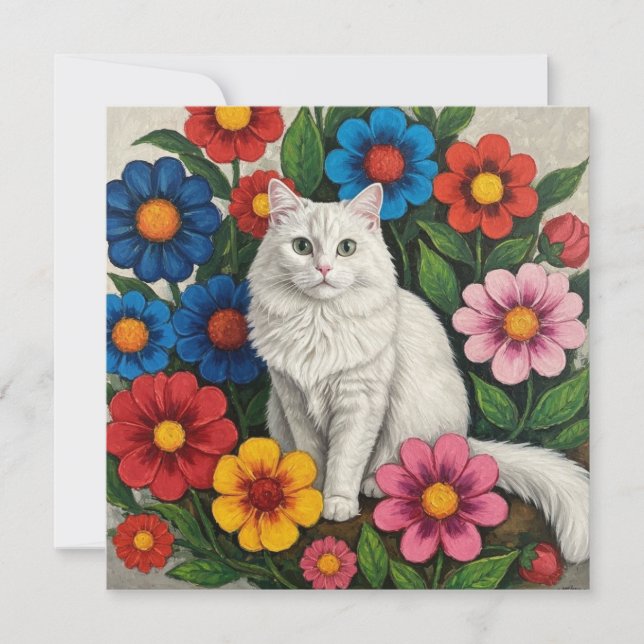 Fluffy White Cat och Folk Art Flowers (Framsida)