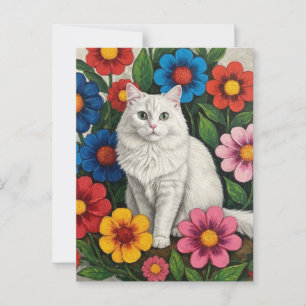 Fluffy White Cat och Folk Art Flowers Vykort