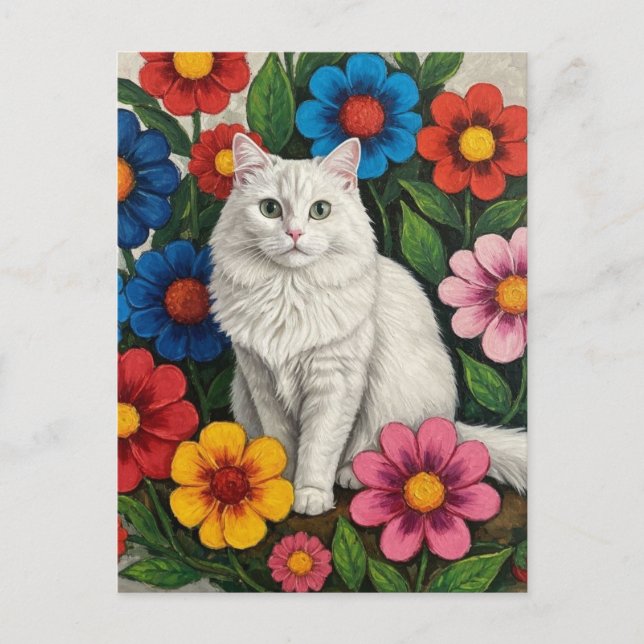 Fluffy White Cat och Folk Art Flowers Vykort (Framsida)