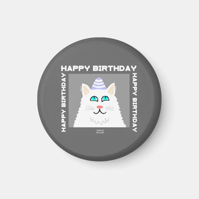 Fluffy White Cat Round Magnet (Framsidan)