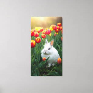 Fluffy white kanin sitter bland tulpanerna canvastryck