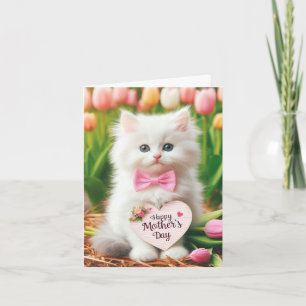 Fluffy White Kitten i Tulip Fält Kort