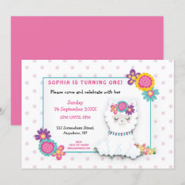 Fluffy White Llama Polka Dot First Födelsedagsfest Inbjudningar