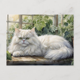 Fluffy White Persian Cat in a Garden Vykort