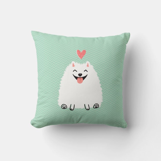 Fluffy White Pommern med Valentine Heart Kudde (Framsida)