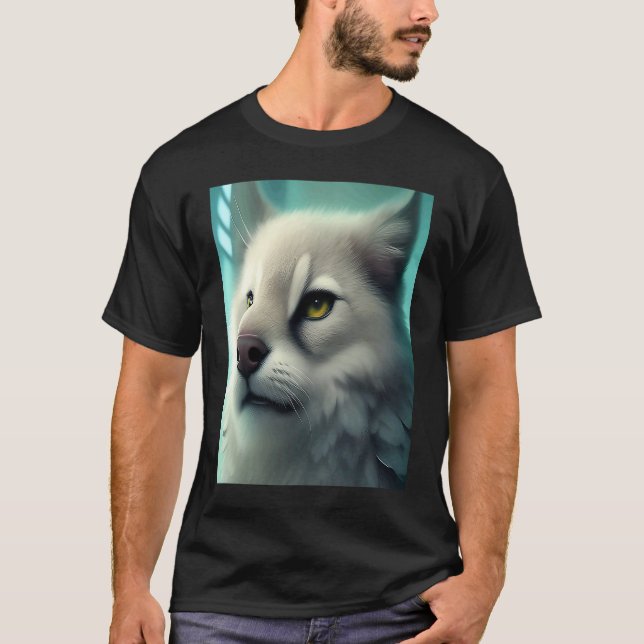 Fluffy White som Snö Leopard Cat Kitten Lejon T Shirt (Framsida)