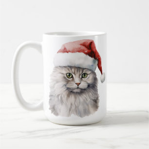 FLUFFY WHITY LONG HAIRED CAT MED SANTA HAT KAFFEMUGG