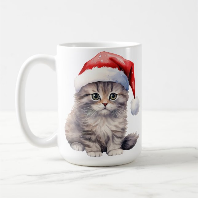FLUFFY WHITY LONG HAIRED CAT MED SANTA HAT KAFFEMUGG (Vänster)