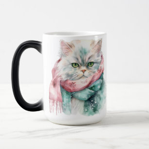 FLUFFY WINTER CAT-GRÖNT & BLUE HAT-SKARF MAGISK MUGG