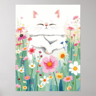 Fluffyvit katt i ängsgröda, söt blommigt poster
