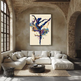Fluid Ink Ballerina – Blue and Gold Abstract Dance Poster