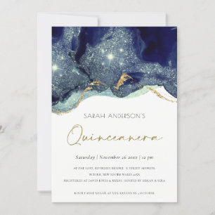 Fluid Navy Glitter Quinceañera 15 Birthday Inbjuda Tack Kort