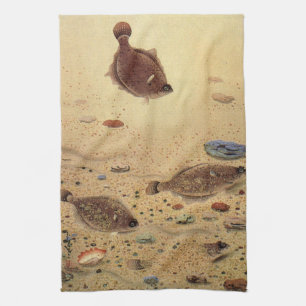Flundra eller Flat Fisk, Vintagg Marine Ocean Liv Kökshandduk