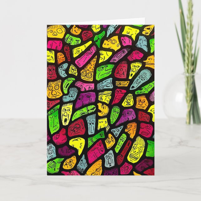 Fluorescent Cartoon Weird Faces Drawing Card Kort (Framsida)