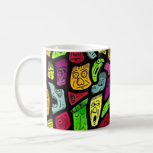 Fluorescent Cartoon Weird Faces Drawing Kaffemugg (Vänster)