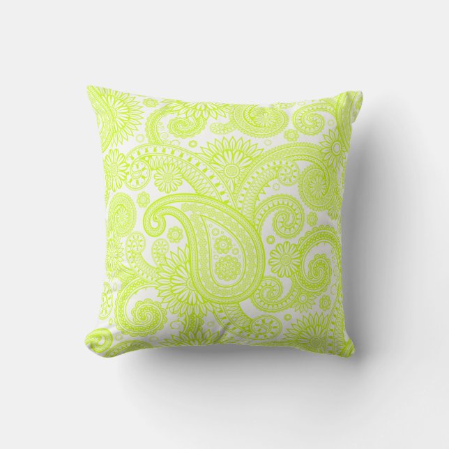 Fluorescent Gult Paisley Blommigt Swirl Kudde (Framsida)