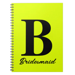 Fluorescerande Gult Neon Monogram Bridemaid Bröllo Anteckningsbok