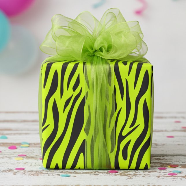 Fluorescerande Limegrön Liten Zebraprint Presentpapper (Fun Fluorescent Yellow Wrapping Paper for Cool 80's Kids Party. Modern Zebra Animal Print Gift Wrap)