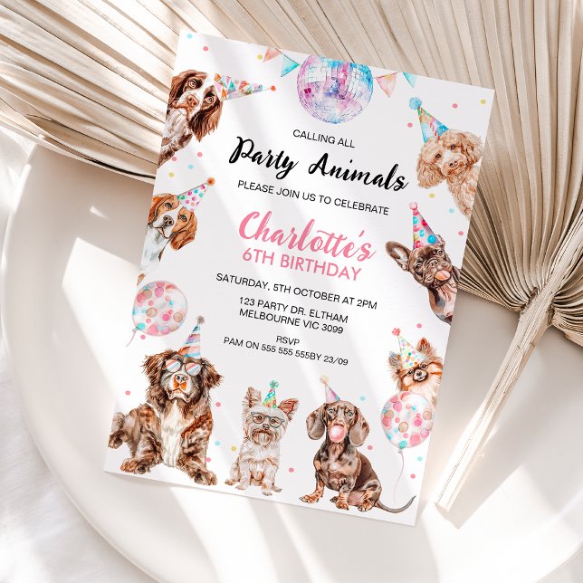Fluorescerande Party-djur Hundar födelsedag Inbjudningar (Girls Dogs Themed Birthday Invitation Template, Editable Party Animals Birthday Invitation, Hats)