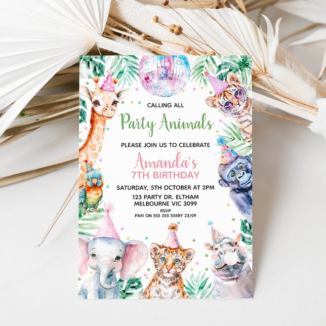 Fluorescerande Party-djur Safari Birthday Inbjudningar (Girls Calling All Party Animals Safari Birthday Invitation Template, Editable Safari Birthday Invite)