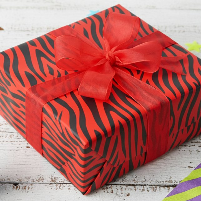 Fluorescerande Röd Liten Zebrarandig Presentpapper (Fun Fluorescent Red Wrapping Paper for Cool 80's Kids Party. Modern Zebra Animal Print Gift Wrap)