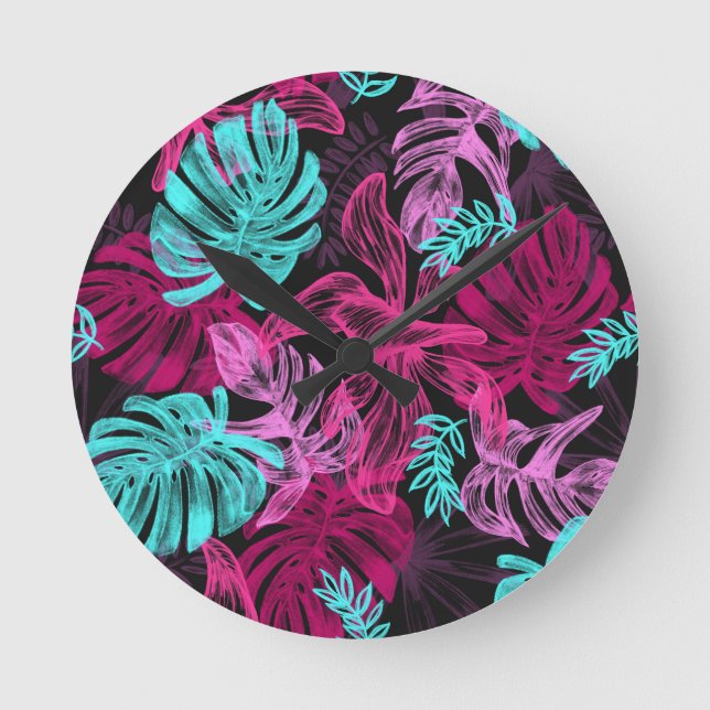 Fluorescerande tropiska handflatan-löv rund klocka (Framsida)