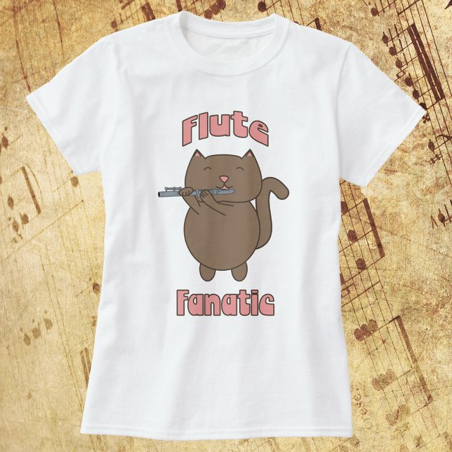 Flute Fanatic Brown Cat T Shirt (A tshirt with a cute brown cat playing the flute with the text Flute Fanatic)