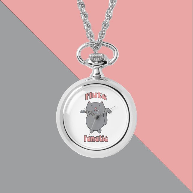 Flute Fanatic Gray Cat Funny Armbandsur (A watch necklace with a cute gray cat and the text flute fanatic in pink.)