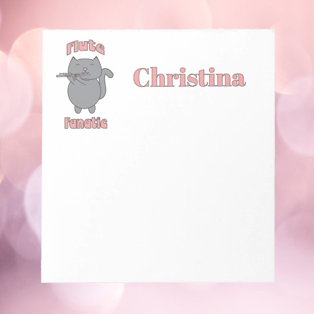Flute Fanatic Gray Cat Personalize Anteckningsblock (A notepad with a gray cat playing the flute and the words flute fanatic.  The name can be changed.)