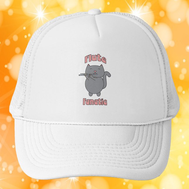 Flute Fanatic Gray Cat Pink Keps (A hat with a cute gray cat playing the flute and the words flute fanatic in pink.)
