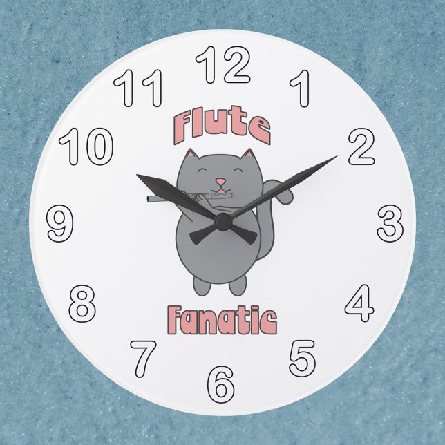 Flute Fanatic Music Gray Cat Stor Klocka (A clock featuring a flute playing gray cat and the words Flute Fanatic in pink.)