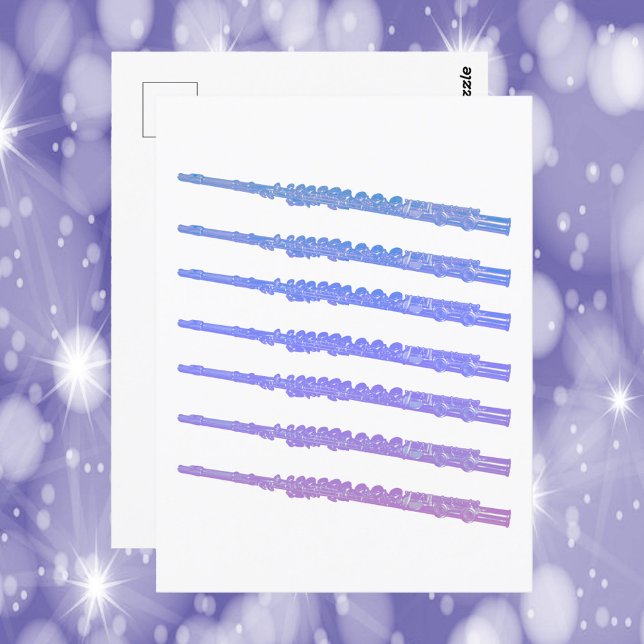 Flute Musical Instrument Rosa Blue Lila Vykort (A postcard with a graphic of pink, blue and purple flutes.)