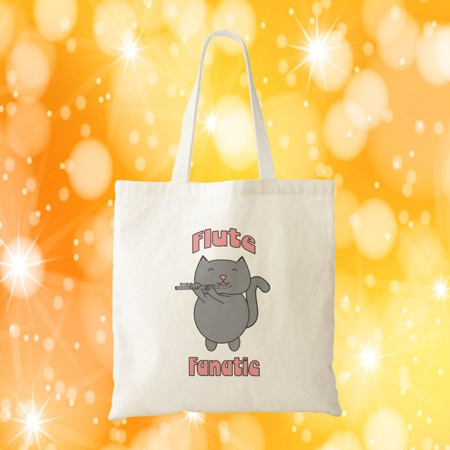 Flute-Playing Gray Cat – Funny Musician Gift  Tygkasse (A tote bag with a cute flute playing gray cat and the words Flute Fanatic in pink.)