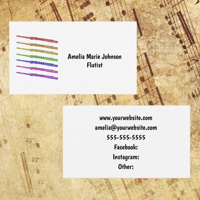Flute Rainbow Personalize Visitkort (A business card with a colorful flute design and text you can personalize!)