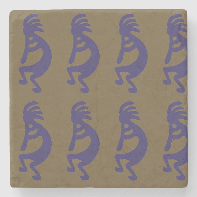 Flute Spela Kokopelli Figur - blått på Grönt Stenunderlägg (Framsidan)
