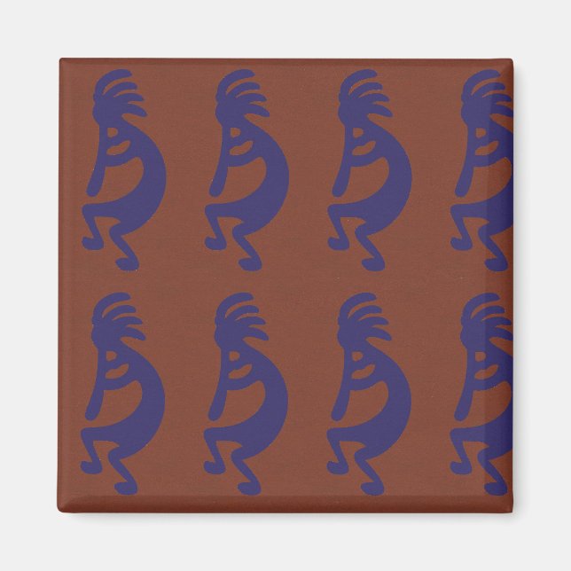 Flute Spela Kokopelli Figur - Blue on Rust Red Magnet (Framsidan)