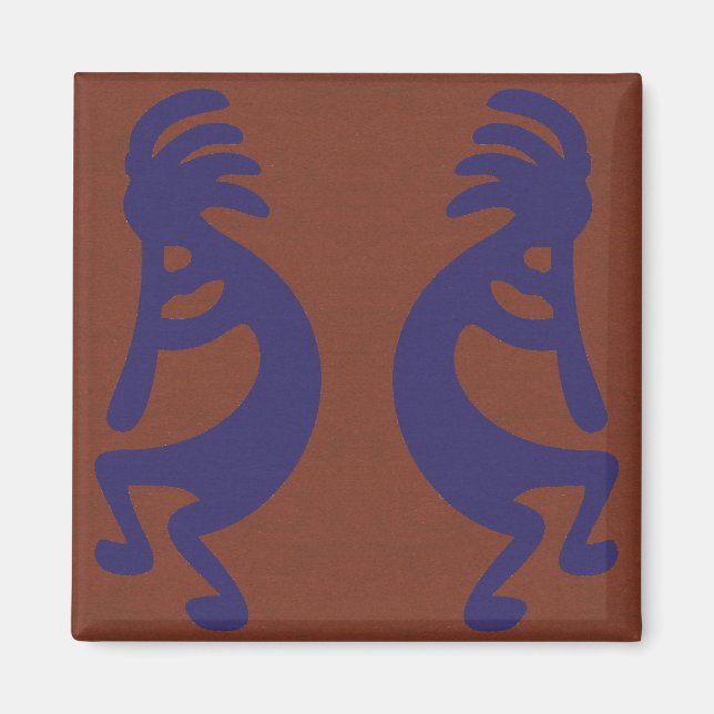 Flute Spela Kokopelli Figur - Blue on Rust Red Magnet (Framsidan)