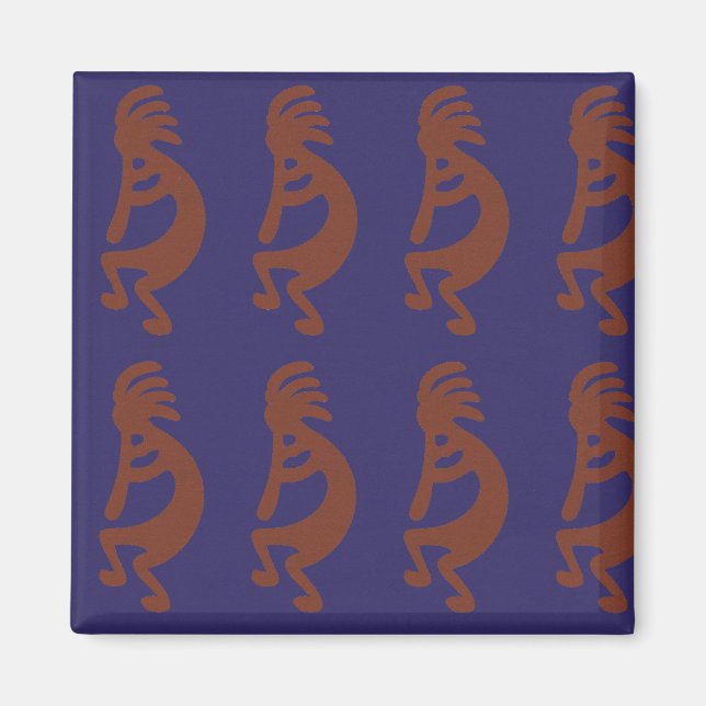Flute Spela Kokopelli Figur - Rust Red on Blue Magnet (Framsidan)