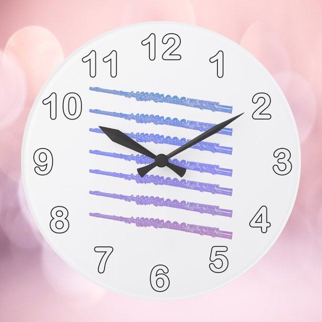Flute Woodwind Rosa Blue Lila Nummer Stor Klocka (A clock with flutes in pink, blue and purple and numbers in black and white.)