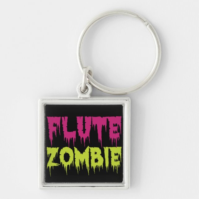 Flute Zombie Fyrkantig Silverfärgad Nyckelring (Framsidan)