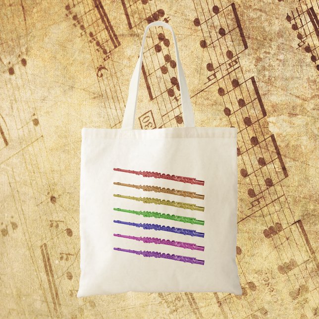 Flutes Colorful Rainbow Tygkasse (A tote bag with a colorful design of flutes in red, orange, yellow, green, blue, purple and pink!)
