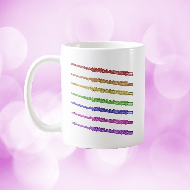 Flutes Rainbow Kaffemugg (A mug with red, orange, yellow, green, blue, purple and pink flutes.)