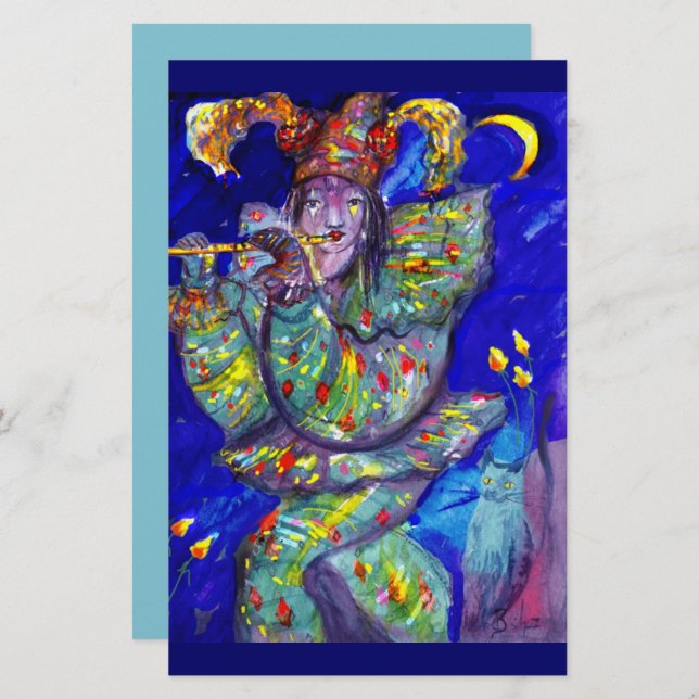 FLUTIST I BLUE / Venetisk karnival Nattstation Brevpapper (Fram/baksida)