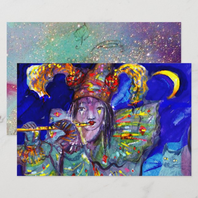 FLUTIST I BLUE / Venetisk karnival Nattstation Brevpapper (Fram/baksida)