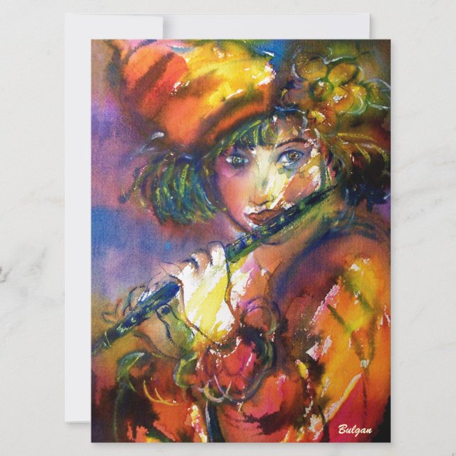 FLUTIST PORTRÄTT Venetian MasqueraGuld Gult Inbjudningar (Framsida)